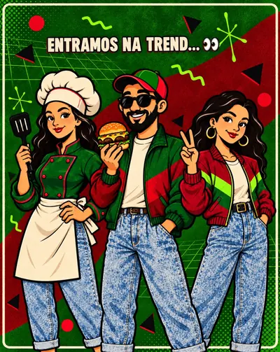 Arte do Instagram: os três personagens da marca, de jaquetas verde e vermelha